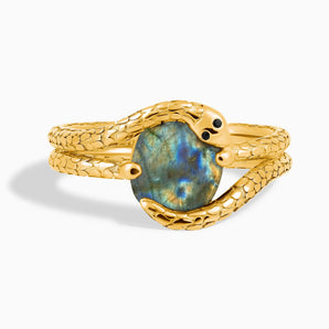 Oval Labradorite Coil Ring - Serpent's Embrace 18KT Yellow Gold Vermeil Front View