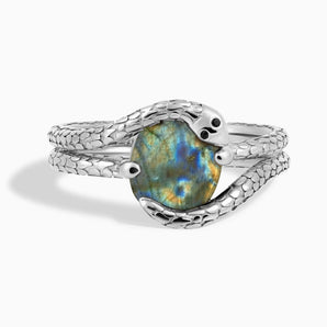 Oval Labradorite Coil Ring - Serpent's Embrace 925 Sterling Front View