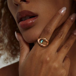 Oval Labradorite Embrace Ring - Enfolding Arch 18KT Rose Gold Vermeil Model Shot