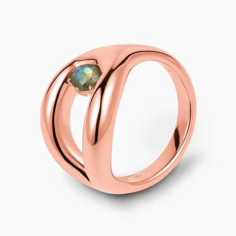 Oval Labradorite Embrace Ring - Enfolding Arch 18KT Rose Gold Vermeil Side View