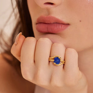 Oval Lapis Lazuli Coil Ring - Serpent's Embrace 18KT Yellow Gold Vermeil Model Shot
