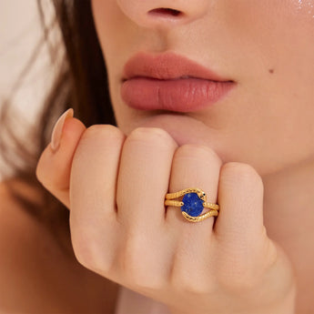 Oval Lapis Lazuli Coil Ring - Serpent's Embrace 18KT Yellow Gold Vermeil Model Shot