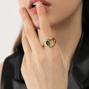 Oval London Blue Topaz Embrace Ring - Enfolding Arch 18KT Yellow Gold Vermeil Model Shot