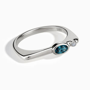 Oval London Blue Topaz Puzzle Stacking Ring - Minimal Form 925 Sterling Front View