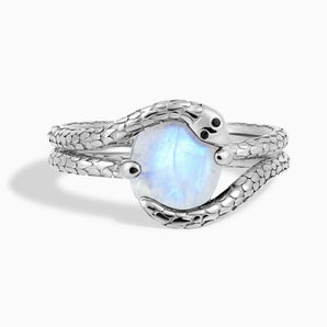 Oval Moonstone Coil Ring - Serpent's Embrace 925 Sterling Front View
