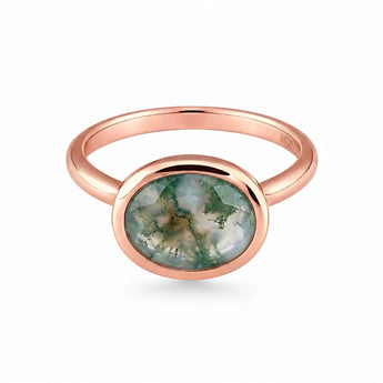 Oval Moss Agate Bezel Ring - Contour 18KT Rose Gold Vermeil Front View