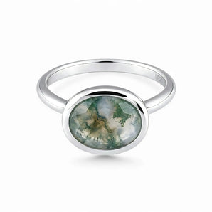 Oval Moss Agate Bezel Ring - Contour 925 Sterling Silver Front View