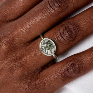 Oval Moss Agate Bezel Ring - Contour 925 Sterling Silver Model Shot