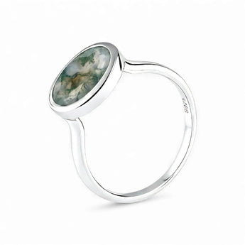 Oval Moss Agate Bezel Ring - Contour 925 Sterling Silver Side View
