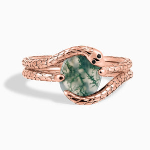 Oval Moss Agate Coil Ring - Serpent's Embrace 18KT Rose Gold Vermeil Front View
