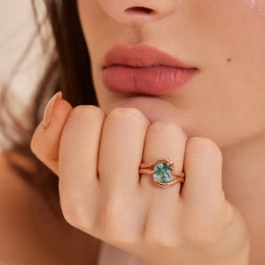 Oval Moss Agate Coil Ring - Serpent's Embrace 18KT Rose Gold Vermeil Model Shot