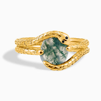 Oval Moss Agate Coil Ring - Serpent's Embrace 18KT Yellow Gold Vermeil Front View