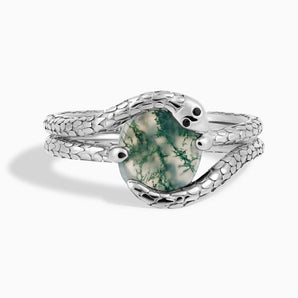 Oval Moss Agate Coil Ring - Serpent's Embrace 925 Sterling Front View