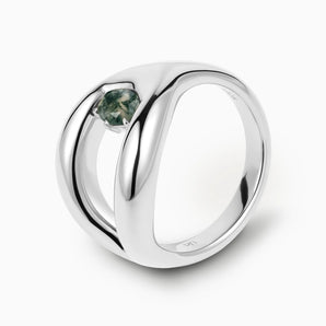 Oval Moss Agate Embrace Ring - Enfolding Arch 925 Sterling Silver Side View