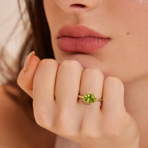 Oval Peridot Bezel Ring - Contour 18KT Yellow Gold Vermeil Model Shot