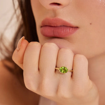 Oval Peridot Bezel Ring - Contour 18KT Yellow Gold Vermeil Model Shot