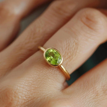 Oval Peridot Bezel Ring - Contour 18KT Yellow Gold Vermeil Wearing Diagram