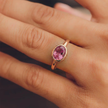 Oval Pink Tourmaline Bezel Ring - Contour 18KT Rose Gold Vermeil Wearing Diagram