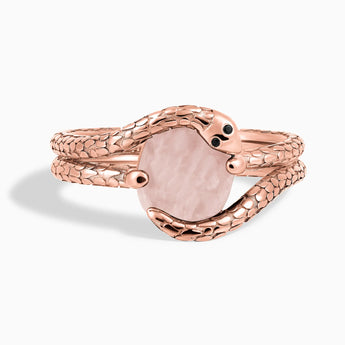 Oval Rose Quartz Coil Ring - Serpent's Embrace 18KT Rose Gold Vermeil Front View