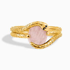 Oval Rose Quartz Coil Ring - Serpent's Embrace 18KT Yellow Gold Vermeil Front View