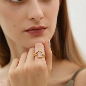 Oval Rose Quartz Coil Ring - Serpent's Embrace 18KT Yellow Gold Vermeil Model Shot