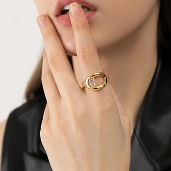 Oval Rose Quartz Embrace Ring - Enfolding Arch 18KT Yellow Gold Vermeil Model Shot
