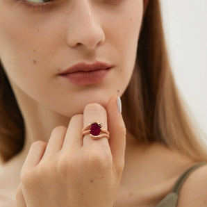 Oval Ruby Coil Ring - Serpent's Embrace 18KT Rose Gold Vermeil Model Shot