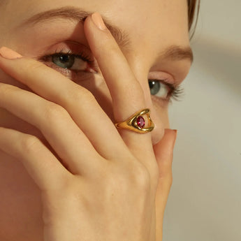 Oval Ruby Embrace Ring - Enfolding Arch 18KT Yellow Gold Vermeil Model Shot