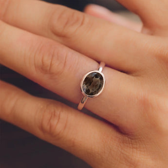 Oval Smoky Quartz Bezel Ring - Contour 18KT Rose Gold Vermeil Wearing Diagram