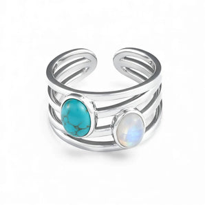Oval Turquoise & Moonstone Ring - Echo of Balance 925 Sterling Silver Front View