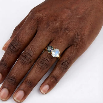 Pear Alexandrite & Oval Moonstone Toi et Moi Ring - Twin Reverie 18KT Yellow Gold Vermeil Wearing Diagram