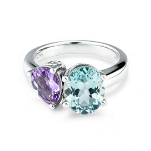 Pear Amethyst & Oval Aquamarine Toi et Moi Ring - Twin Reverie 925 Sterling Silver Front View