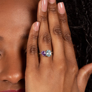 Pear Amethyst & Oval Aquamarine Toi et Moi Ring - Twin Reverie 925 Sterling Silver Model Shot