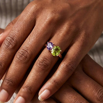 Pear Amethyst & Oval Peridot Toi et Moi Ring - Twin Reverie 18KT Rose Gold Vermeil Wearing Diagram