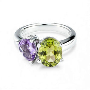 Pear Amethyst & Oval Peridot Toi et Moi Ring - Twin Reverie 925 Sterling Silver Front View
