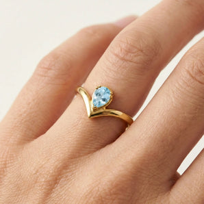 Pear Aquamarine V Band Ring - Chevron 18KT Yellow Gold Vermeil Model Shot