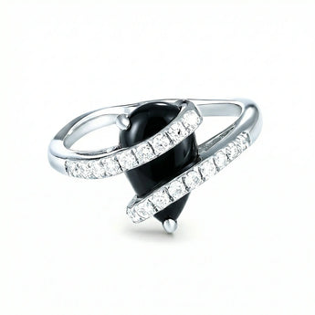 Pear Black Onyx Wrap Ring - Orbit 925 Sterling Silver Front View