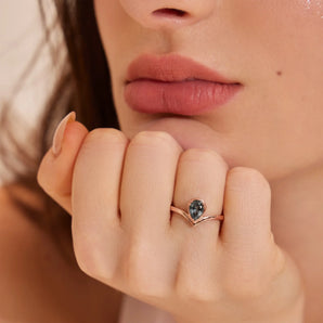 Pear Black Rutilated Quartz V Band Ring - Chevron 18KT Rose Gold Vermeil Model Shot