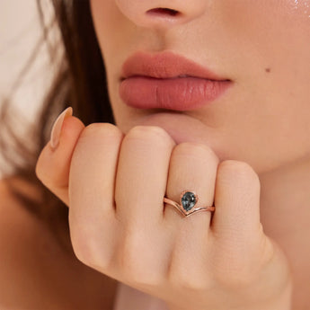 Pear Black Rutilated Quartz V Band Ring - Chevron 18KT Rose Gold Vermeil Model Shot