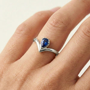 Pear Blue Sapphire V Band Ring - Chevron 925 Sterling Silver Model Shot