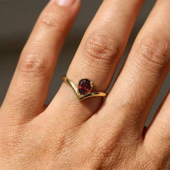 Pear Garnet V Band Ring - Chevron 18KT Yellow Gold Vermeil Model Shot