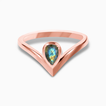 Pear Labradorite V Band Ring - Chevron 18KT Rose Gold Vermeil Front View