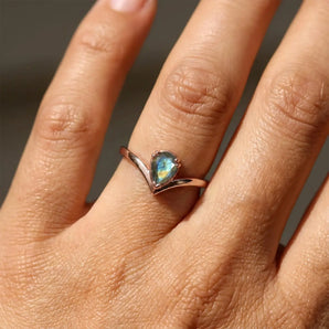 Pear Labradorite V Band Ring - Chevron 18KT Rose Gold Vermeil Model Shot