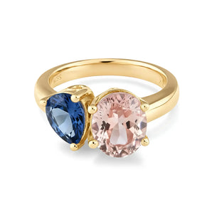 Pear London Blue Topaz & Oval Morganite Toi et Moi Ring - Twin Reverie 18KT Yellow Gold Vermeil Front View