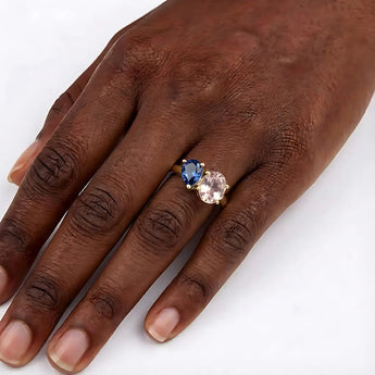 Pear London Blue Topaz & Oval Morganite Toi et Moi Ring - Twin Reverie 18KT Yellow Gold Vermeil Wearing Diagram