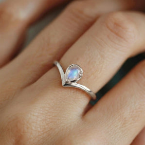 Pear Moonstone V Band Ring - Chevron 925 Sterling Silver Model Shot