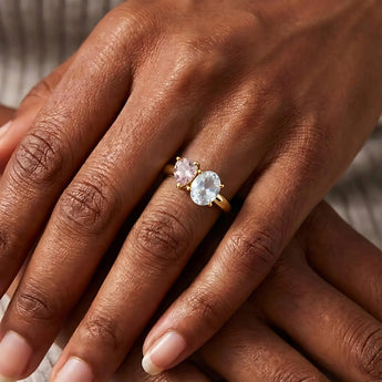 Pear Morganite & Oval Moonstone Toi et Moi Ring - Twin Reverie 18KT Yellow Gold Vermeil Wearing Diagram