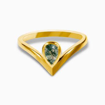 Pear Moss Agate V Band Ring - Chevron 18KT Yellow Gold Vermeil Front View