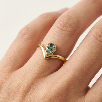 Pear Moss Agate V Band Ring - Chevron 18KT Yellow Gold Vermeil Model Shot