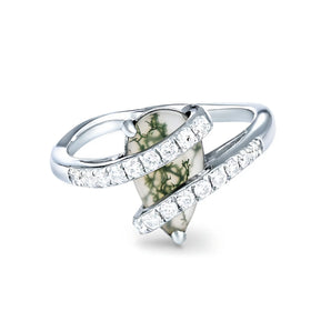 Pear Moss Agate Wrap Ring - Orbit 925 Sterling Silver Front View